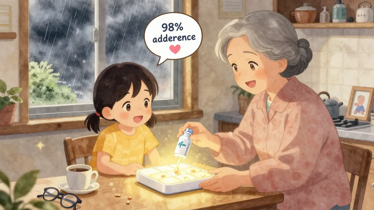 Granddaughter and grandmother smiling beside a warm-glowing pill dispenser on a kitchen counter.