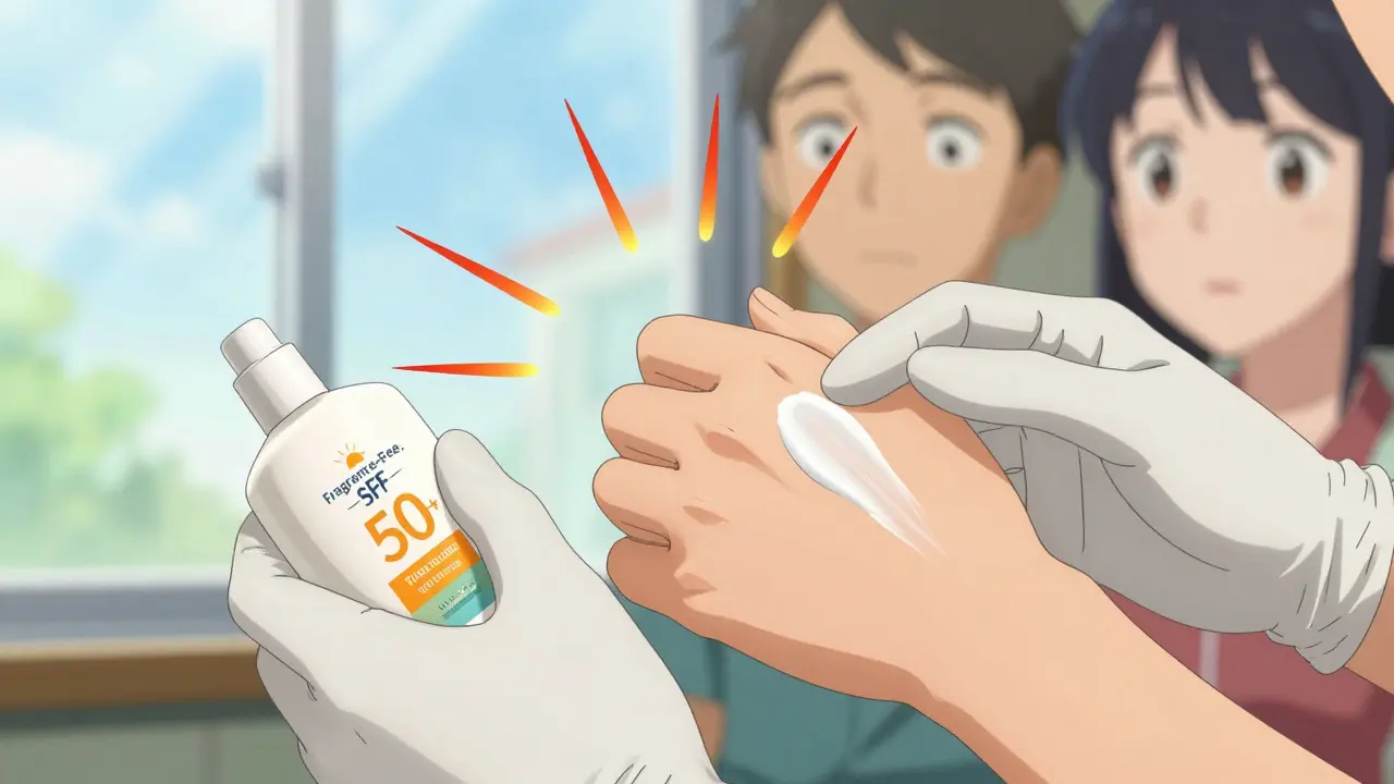 Hands applying mineral sunscreen that reflects UV rays, with UV light blocked by white paste on skin.