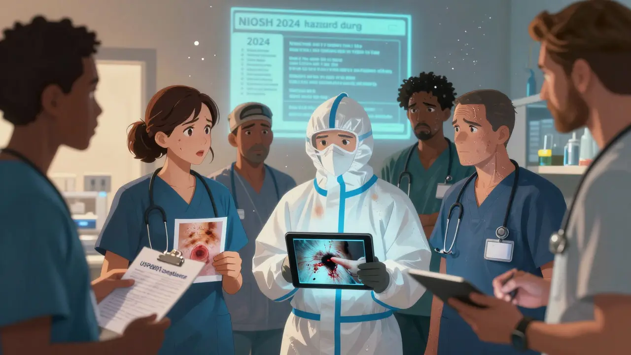Healthcare workers discussing hazardous drug exposure, one showing a skin rash, NIOSH list glowing on the wall.