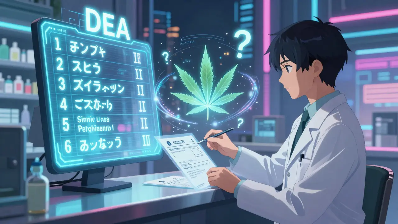 Neon pharmacy counter with holographic drug schedules and floating DEA number in anime style.