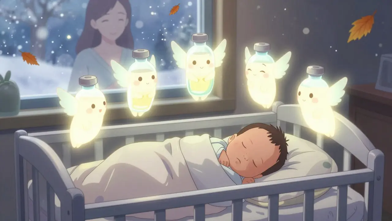 Newborn protected by vaccine guardian spirits in warm, dreamy anime scene