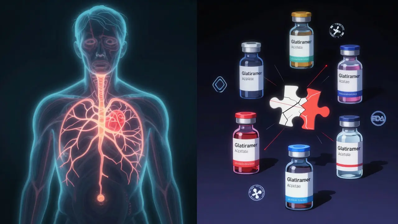 Patient's body with MS pathways contrasted against multiple generic drug vials, one leaking warning signals.