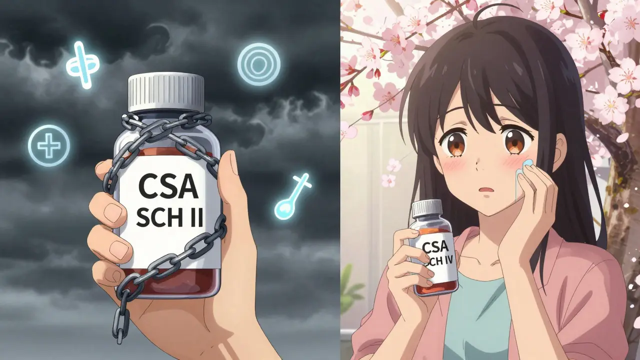 Patient holding two prescription bottles labeled Schedule II and IV with contrasting emotional backgrounds.