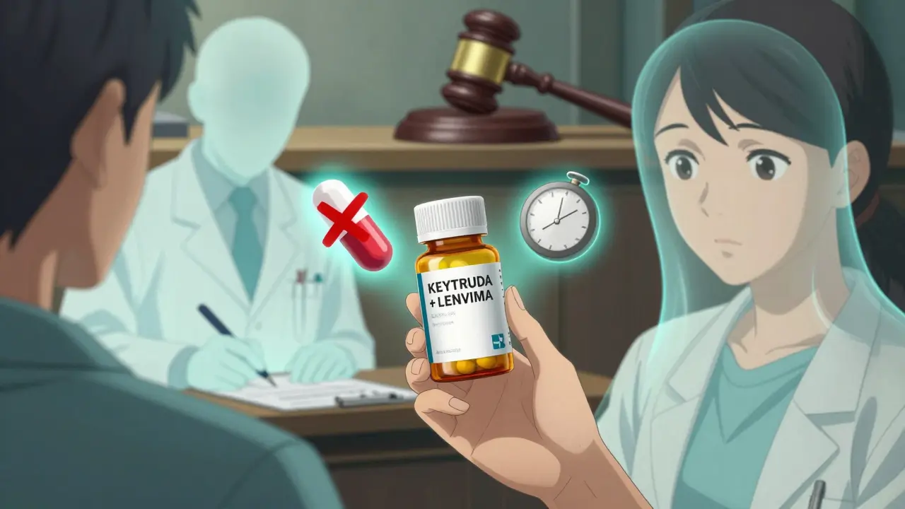 Patient holds a combination drug as ghostly generic pills flicker with warning signs.
