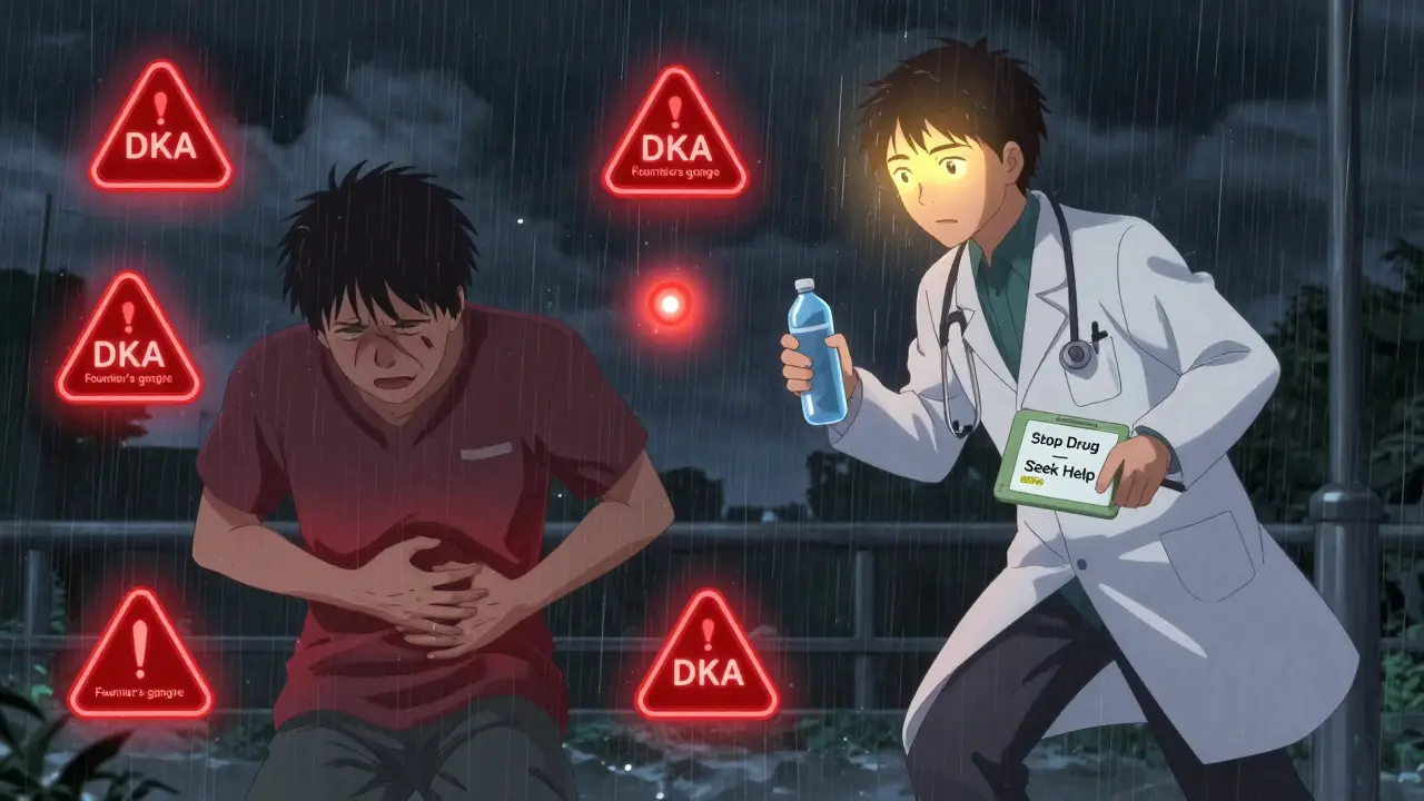 Patient in pain with warning symbols of DKA and infection, doctor rushing to help in rainy scene.