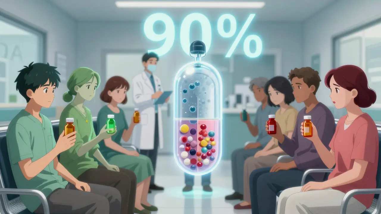 Patients in a clinic with emotional auras, watched over by a glowing FDA inspector inspecting a transparent pill.