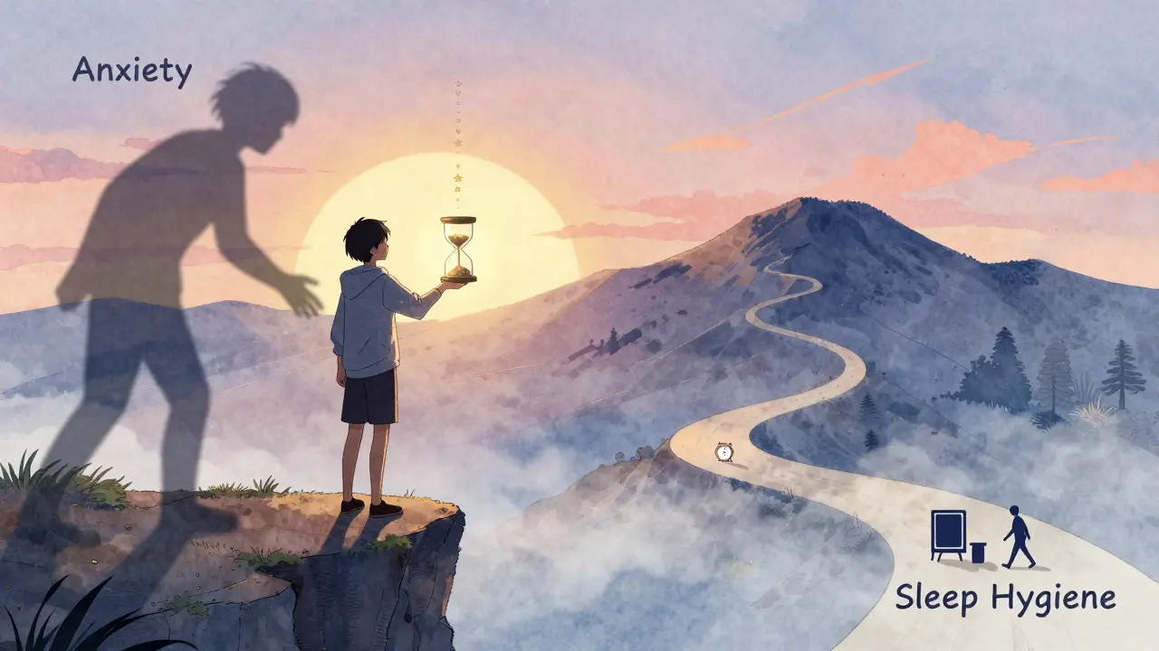 Person at dawn holding hourglass of sleep stars, shadow of anxiety behind, path to sleep hygiene ahead.
