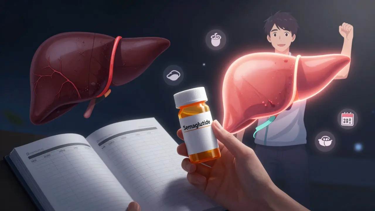 Person holding semaglutide with contrasting images of damaged and healthy liver.