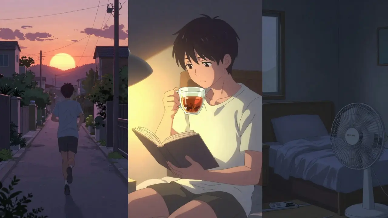 Person jogging at sunset, reading tea, and sleeping in a cool dark room—daily habits for better sleep.