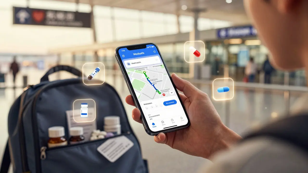 Person using Medisafe app on phone while traveling, floating medication icons and flight route map in anime style.