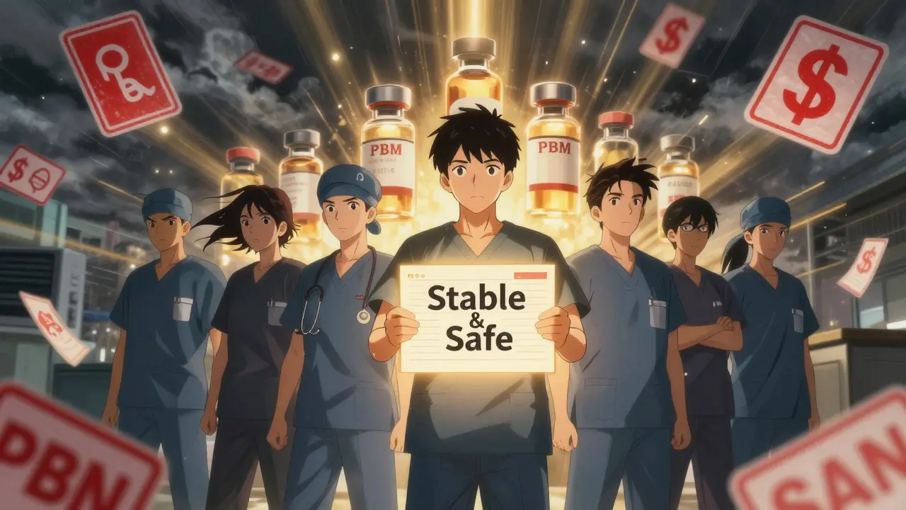 Pharmacy team standing against bureaucratic storm, holding a patient chart as biosimilars glow behind them.