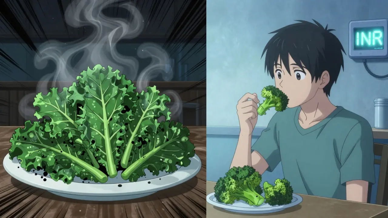 Split scene: chaotic restaurant salad vs calm home meal with stable INR meter