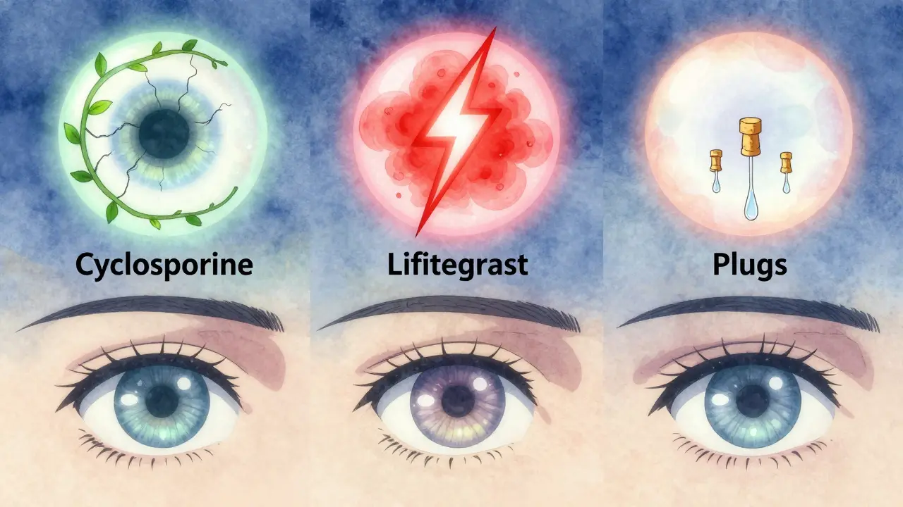 Three glowing symbols above eyes representing cyclosporine, lifitegrast, and plugs healing dry eye over time.