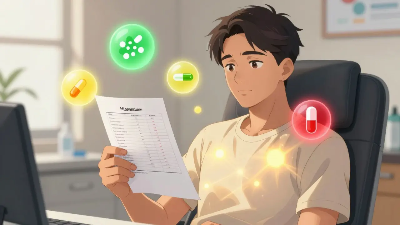 Trans man with floating medication icons showing safe and risky interactions