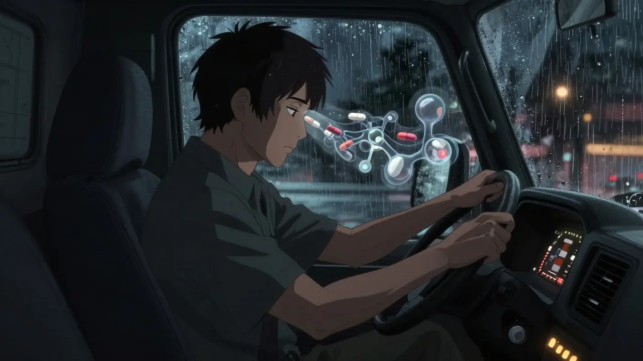 Truck driver struggling with medication-induced drowsiness, opioid molecules visible in his blood, rain on windshield.