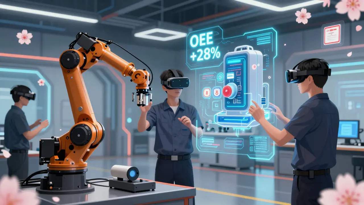 Workers in VR headsets training in a holographic factory environment with floating certification icons.