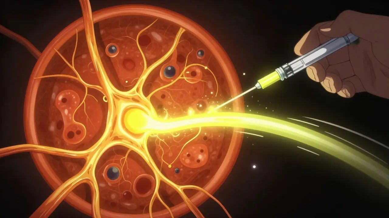 Yellow dye flowing through retinal blood vessels during fluorescein angiography.