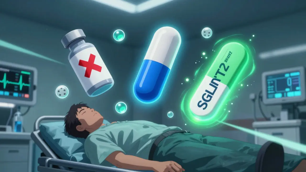 A medical emergency with three treatment options floating above a collapsing patient, symbolizing alternatives to spironolactone.