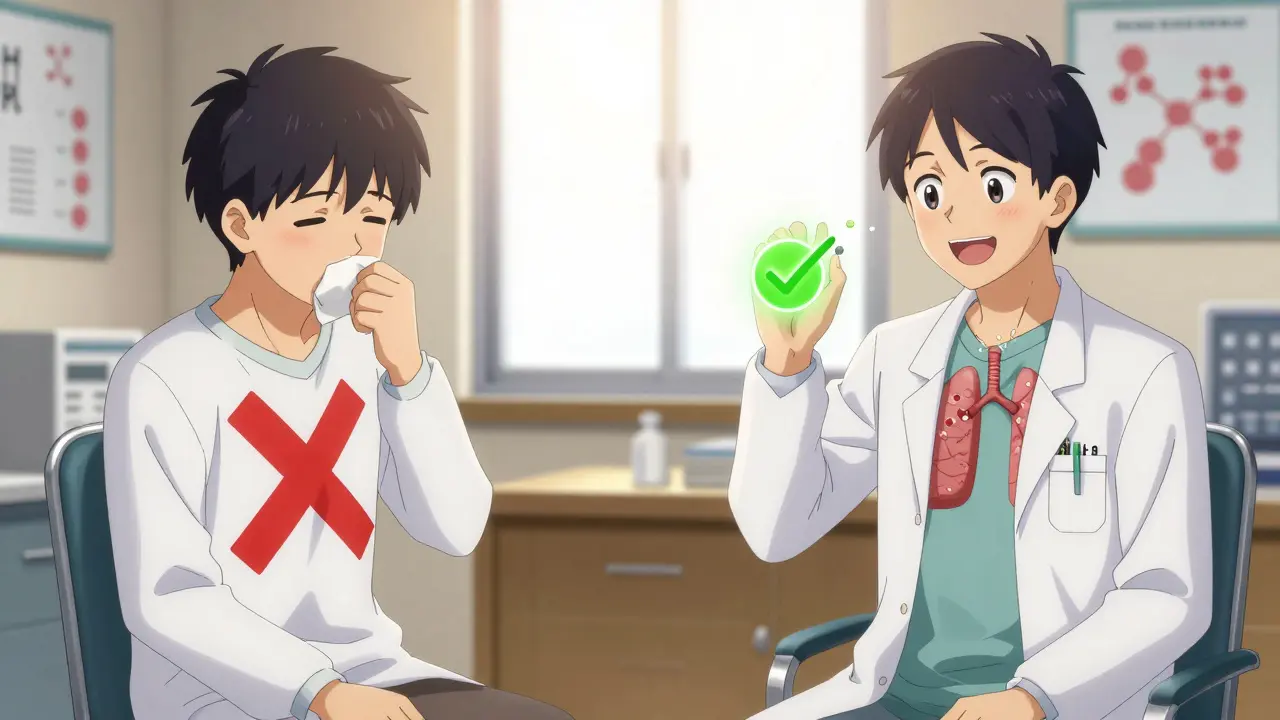 A patient in a doctor’s office switching from an ACE inhibitor to an ARB, with visual cues showing relief from cough and improved health.