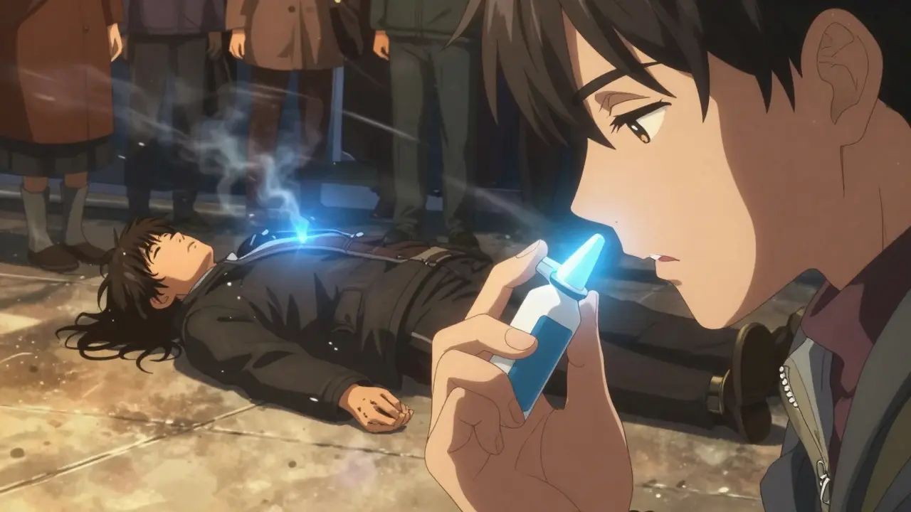 A rescuer administers naloxone to an unconscious person on the sidewalk with glowing blue light and bystanders watching.