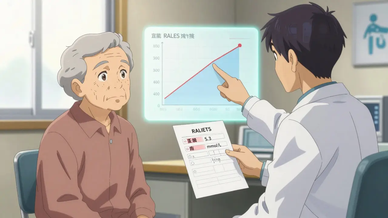 An elderly patient and doctor reviewing a blood test showing elevated potassium with survival data in the background.