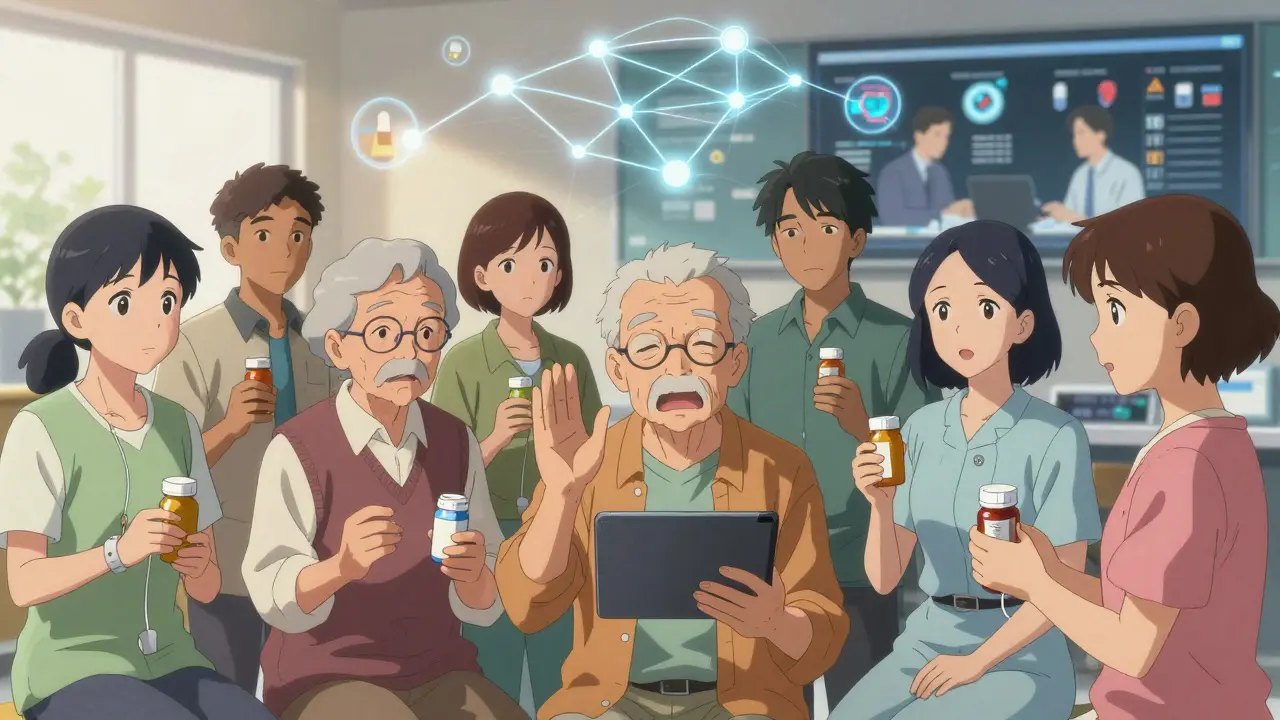 Diverse patients reporting side effects, connected by glowing lines to FDA analysts monitoring drug safety.