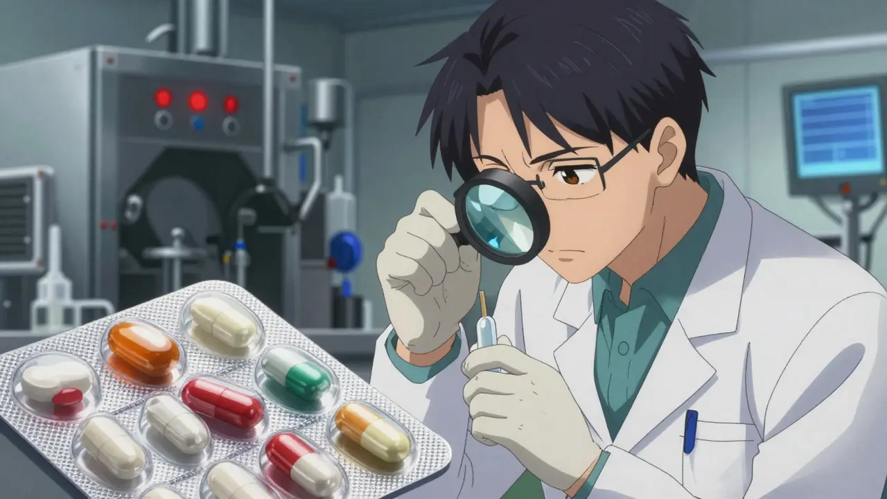 FDA inspector examining generic pills under a lens, revealing differences in inactive ingredients with glowing alerts.