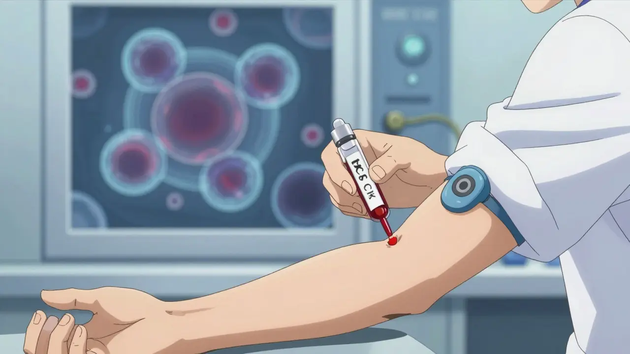 Healthcare worker drawing blood for CK monitoring in lab.