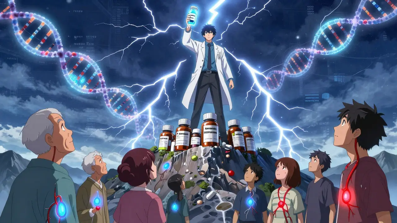 Heroic doctor holding new drug Milvexian as patients look up, with glowing blood vessels and AI data streams.