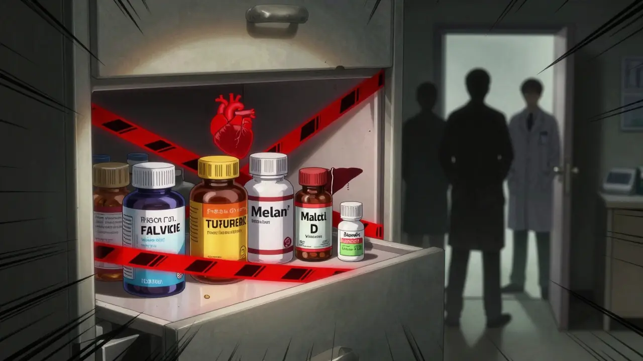Medicine cabinet with supplement bottles emitting warning lines connected to heart and liver.