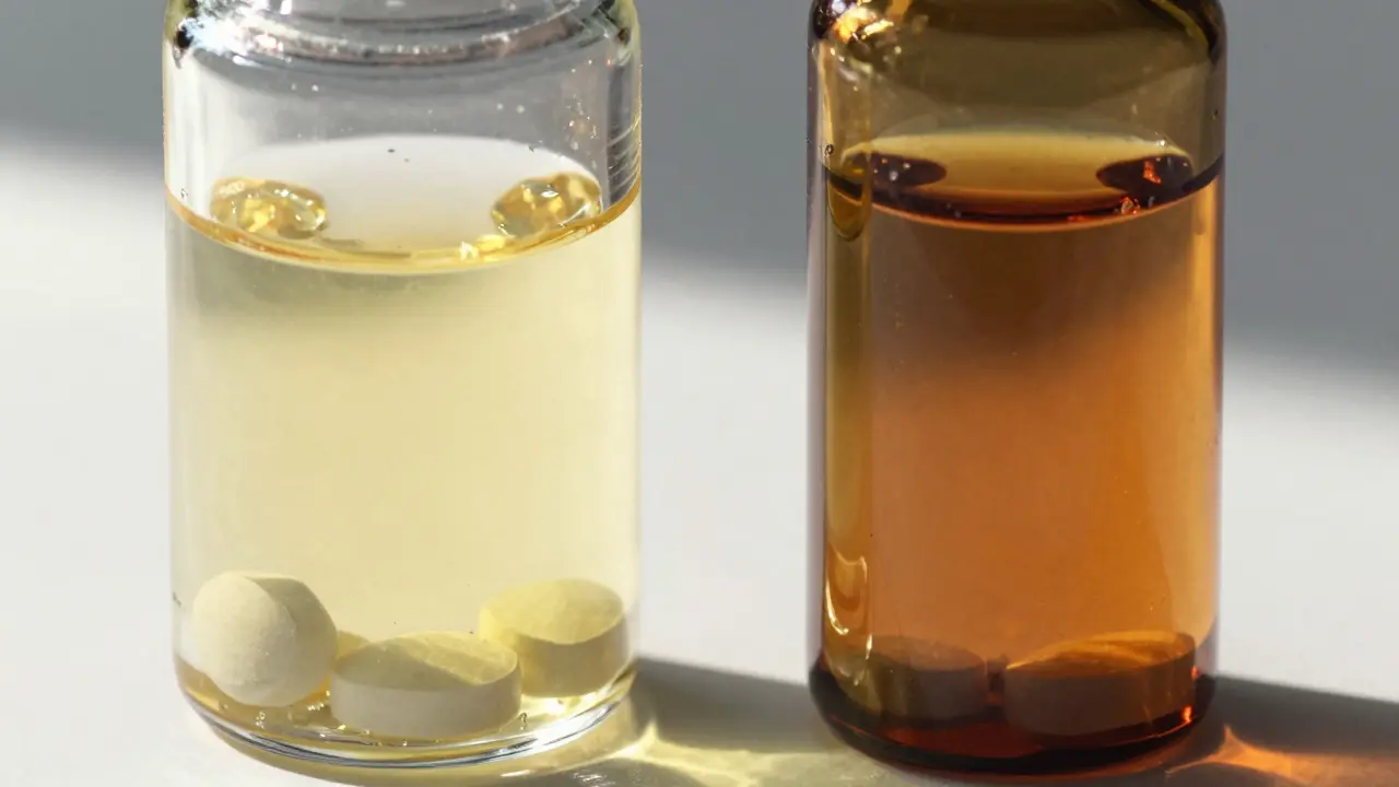 Nifedipine tablets degrading in clear vial under light, anime style