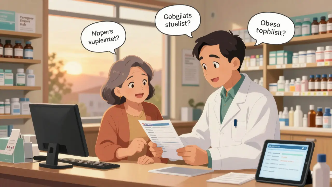 Pharmacist and caregiver reviewing medication list together in a cozy pharmacy with speech bubbles of key questions.