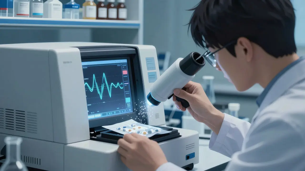Scientist analyzing degraded medication particles with HPLC, anime style