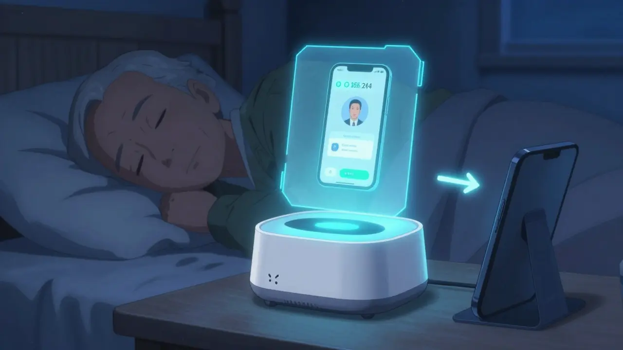 Smart medication dispenser glowing at night with a digital alert sent to a caregiver's phone.
