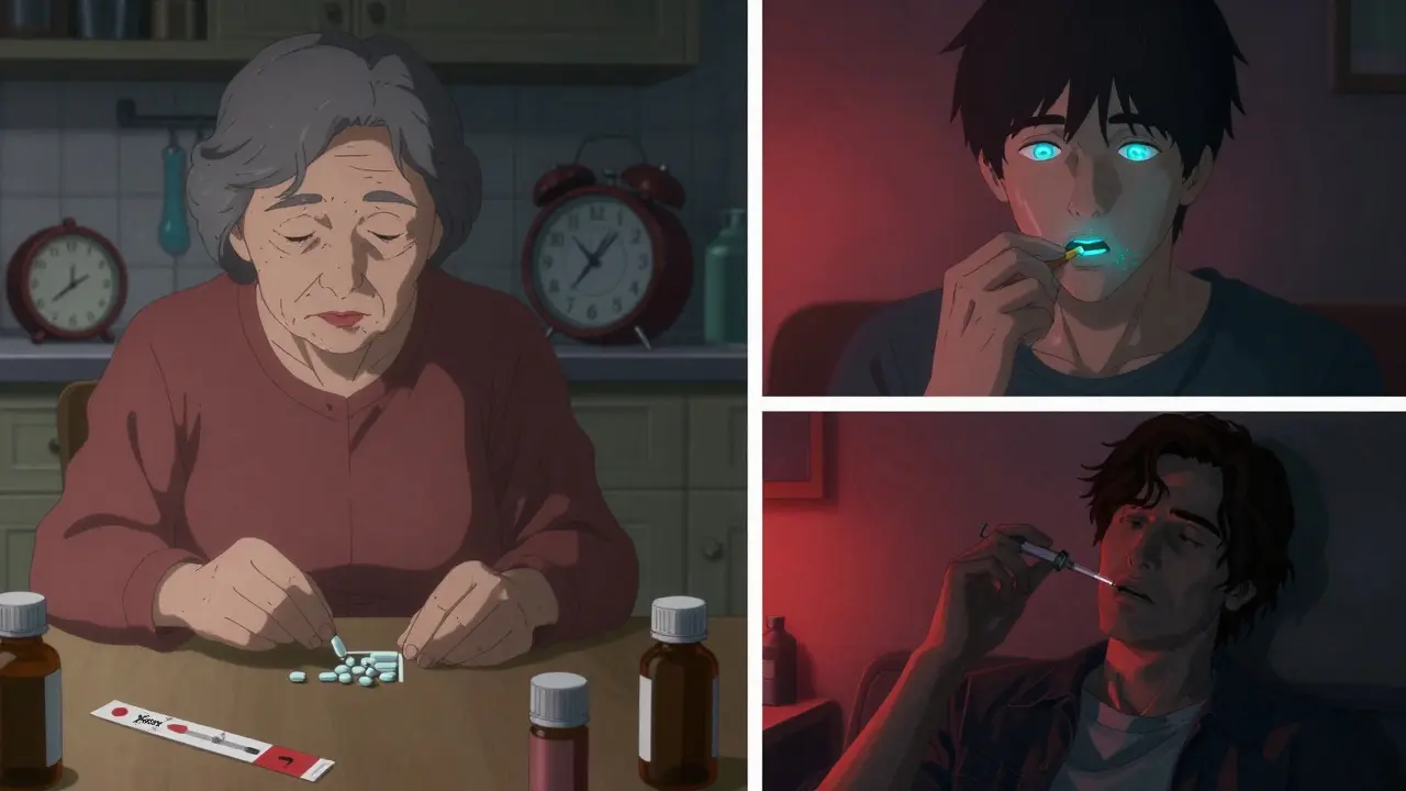 Three people in different settings showing early signs of medication overdose: glassy eyes, pill bottles, and test strips.
