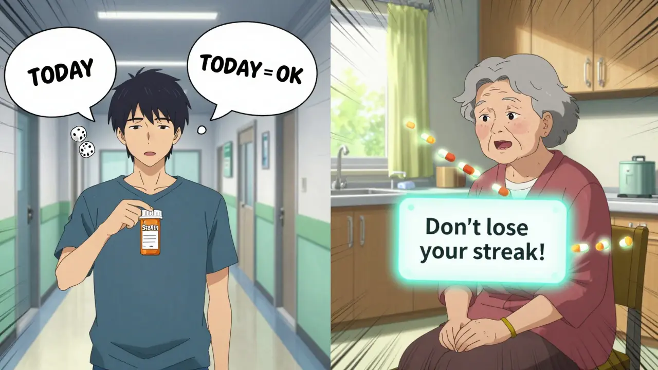 Two patients: one ignores medication because they feel fine, another responds to a motivational text message.