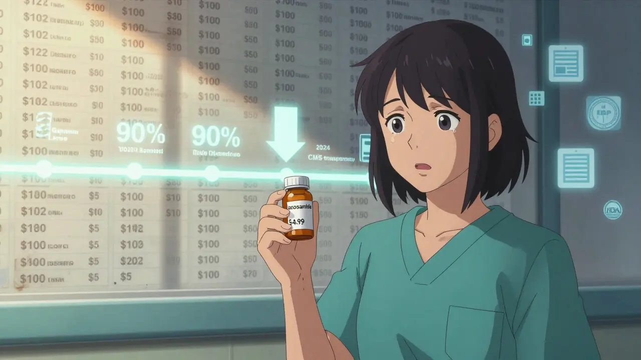 A patient holds a .99 generic pill as a timeline shows dramatic price drops and regulatory change.