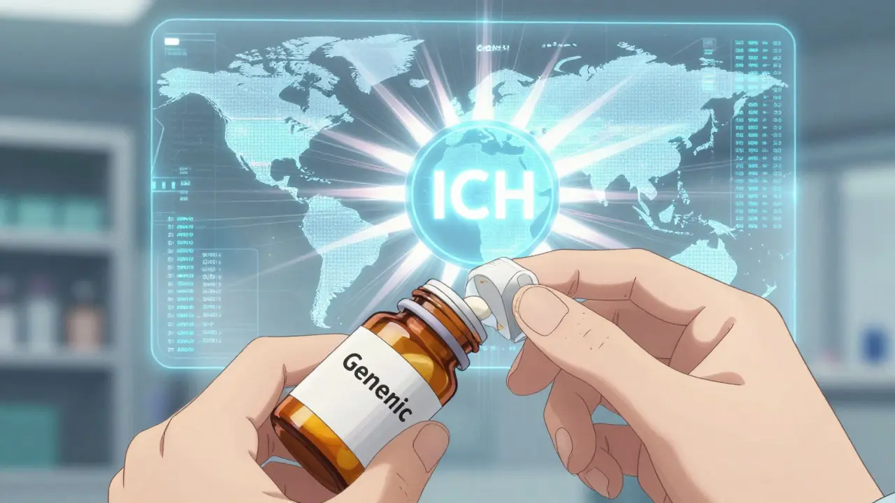 A patient receiving a pill as holographic health data streams into an ICH-shaped core, symbolizing real-world evidence.