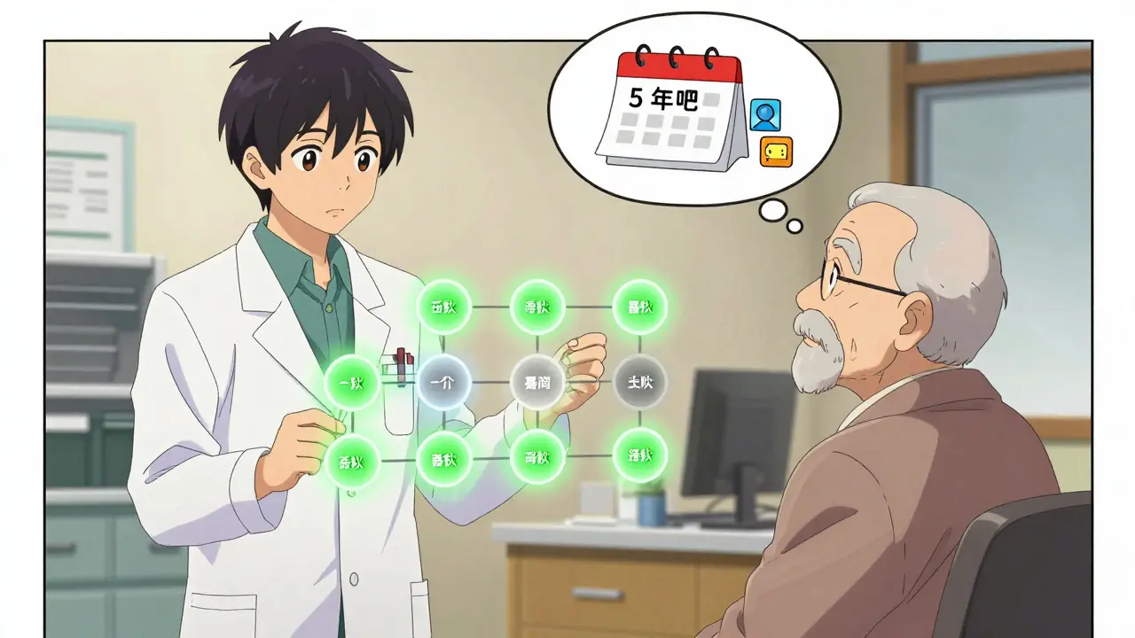 A pharmacist explaining a medication review using a glowing chart to an older patient in a clinic.