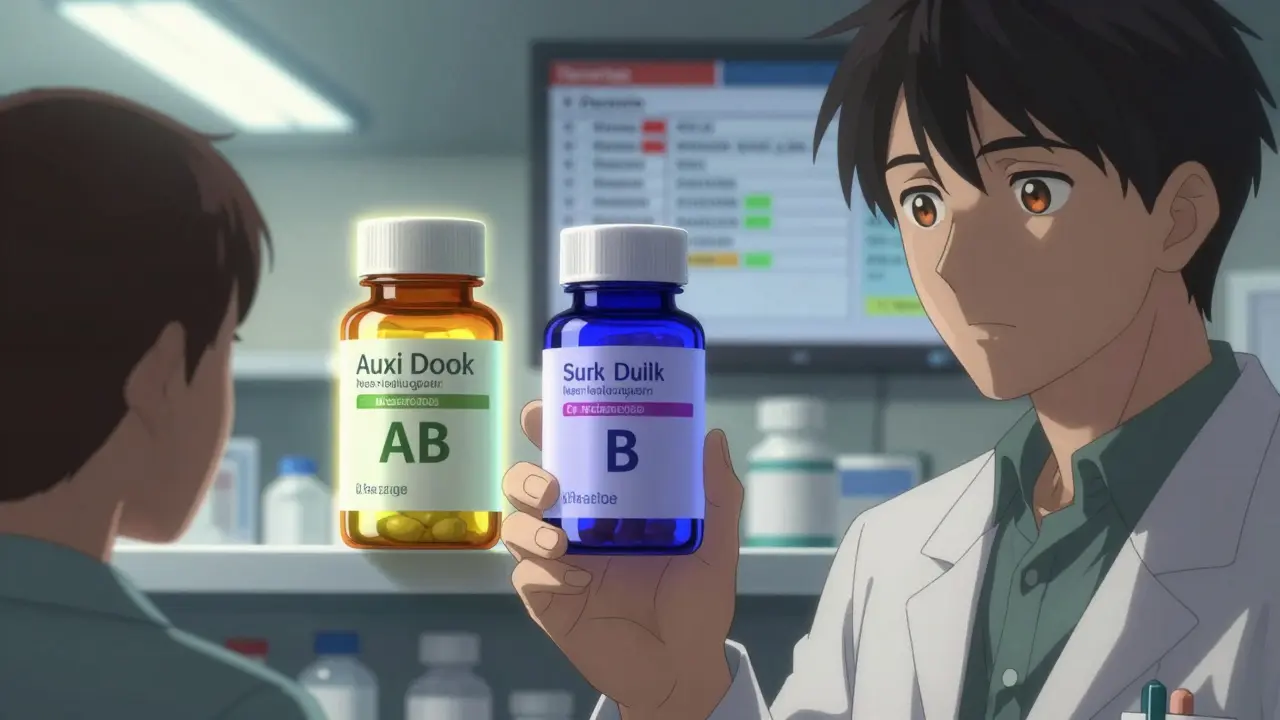 A pharmacist hands a pill bottle to a patient while two similar bottles glow with different AB and B ratings behind them.