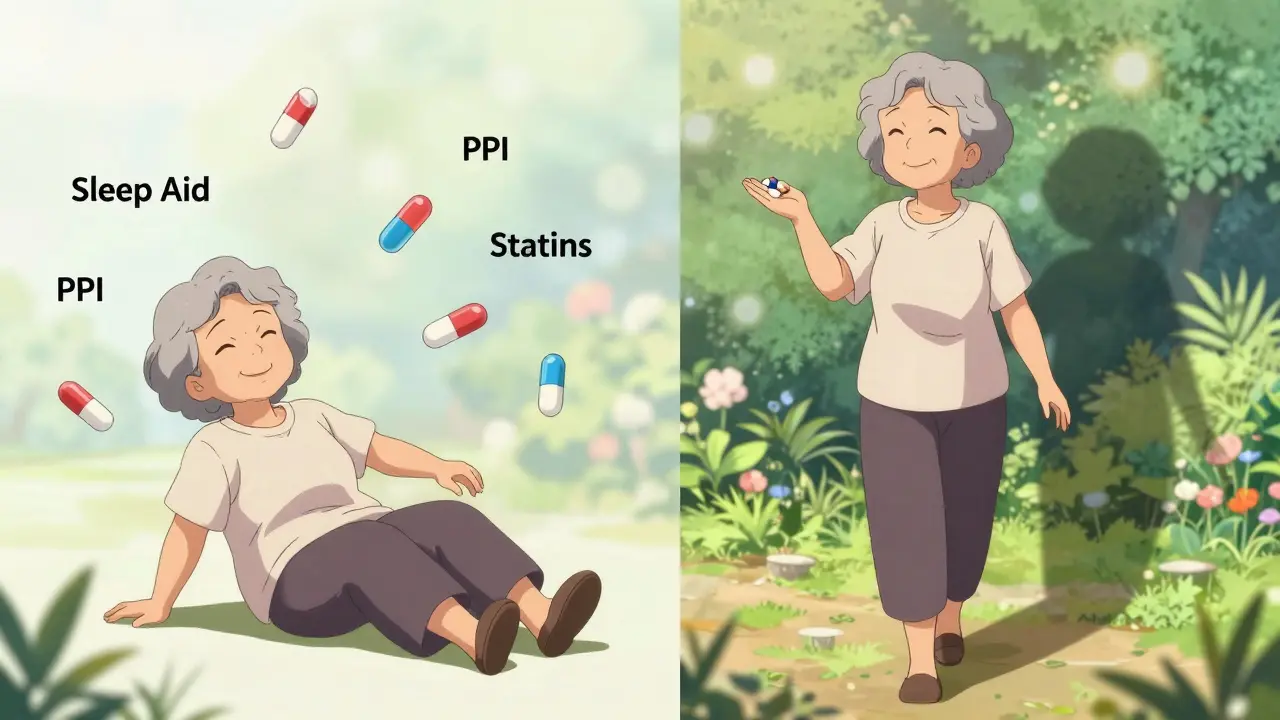 A senior woman before and after deprescribing — falling versus walking confidently in a garden.