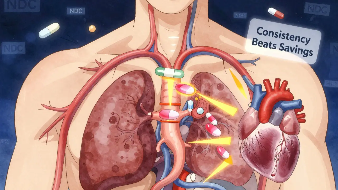 An internal body illustration shows drug particles entering the bloodstream, one smooth and one erratic, with glowing organs and NDC codes.