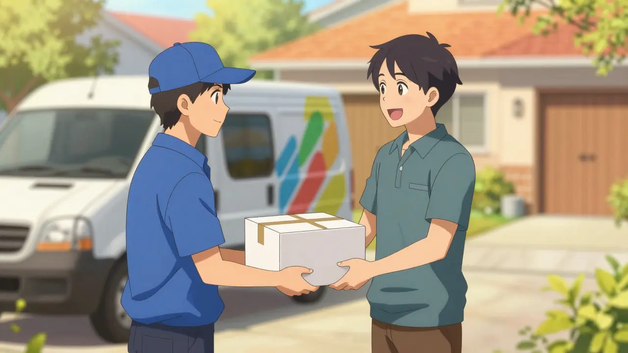 Anime art of a courier delivering a secured package to a door.