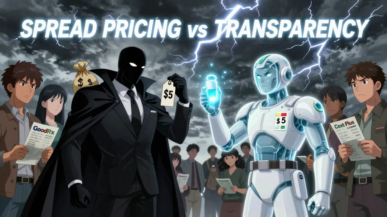 Anime-style battle between a shadowy PBM and a transparent pharmacy hero over drug pricing.