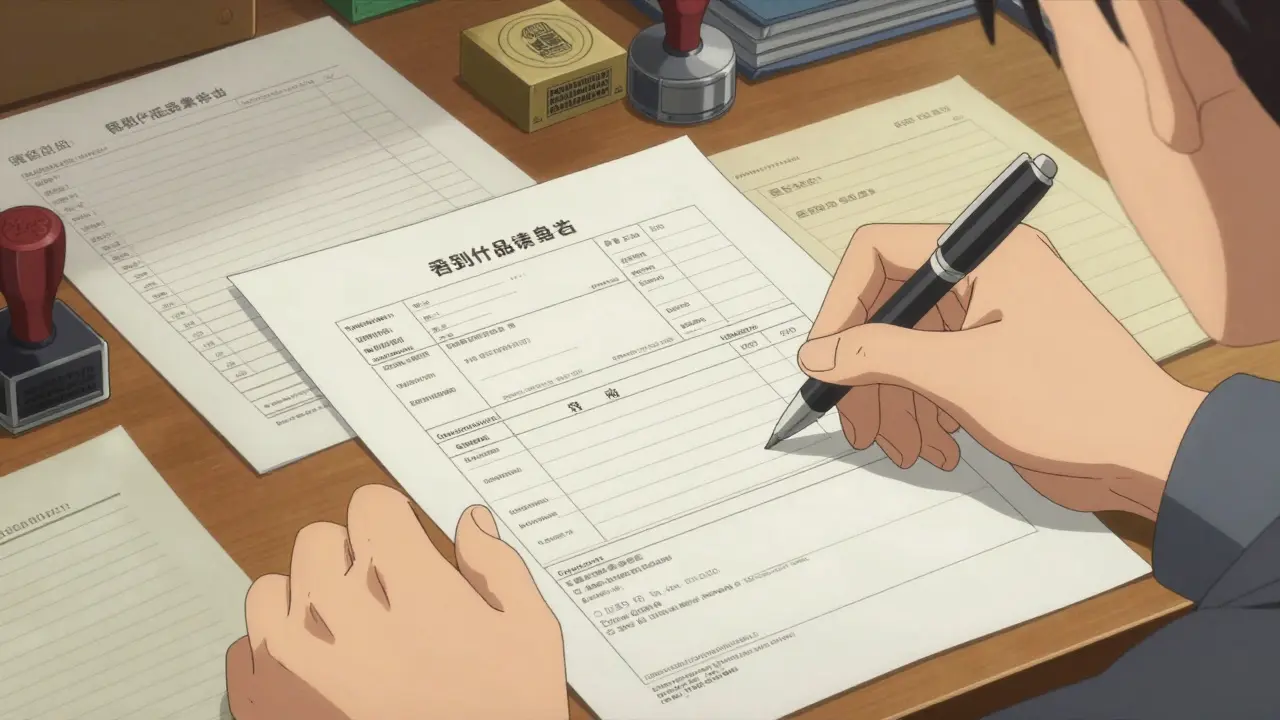 Anime style drawing of a person reviewing import paperwork.
