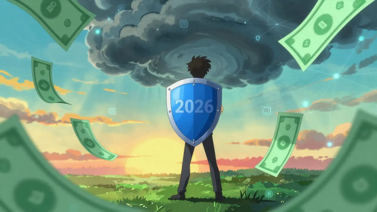 Character using a shield against storm clouds representing healthcare financial protection.