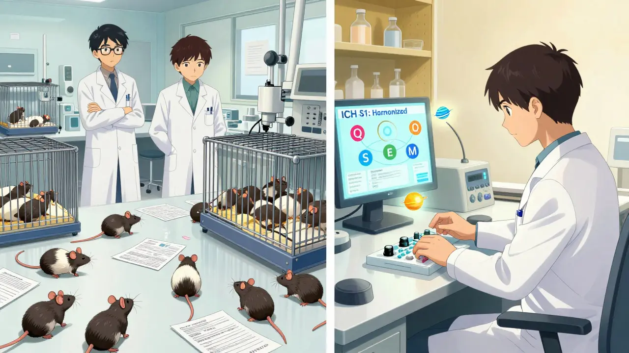 Contrasting chaotic labs with a harmonized testing lab under golden light, featuring ICH guideline icons.