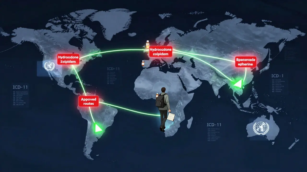 Global map showing banned drugs in red and safe travel paths in green, with traveler carrying proper documents.