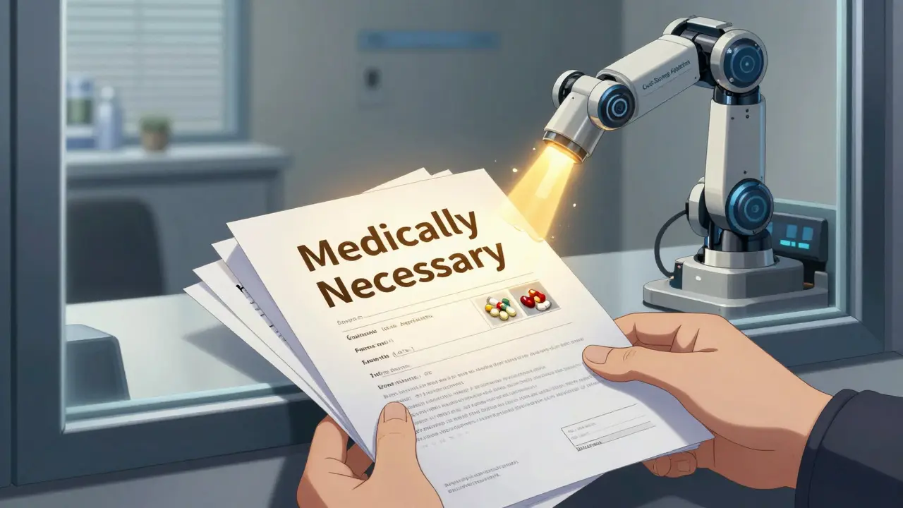 Hand submitting medical documents to insurance office as a robotic arm tries to crush the form.