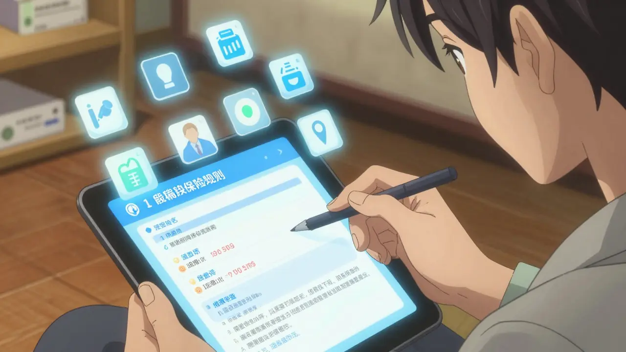 Person checking insurance benefits on a tablet with floating tier icons in anime art.